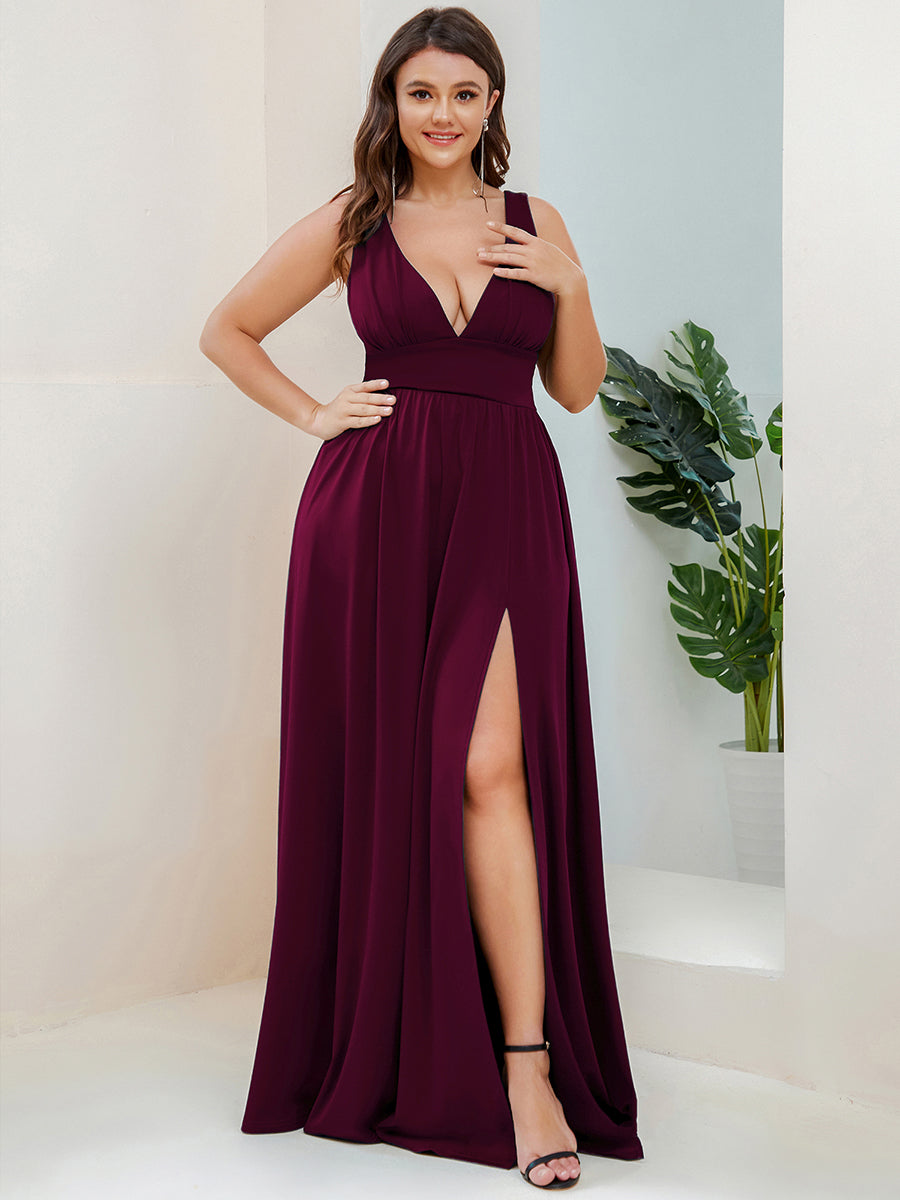 Robe de soirée longue au sol à taille empire et à encolure en V #Couleur_Pourpre