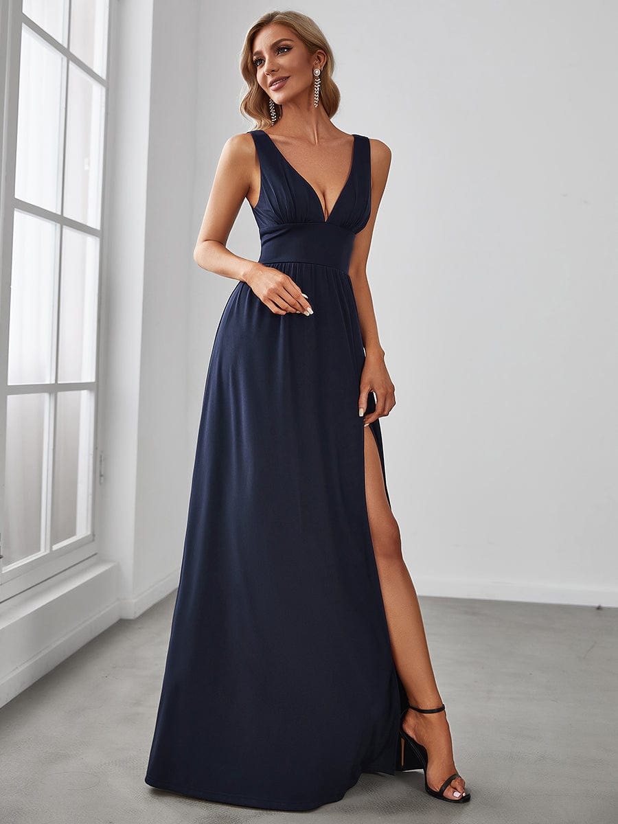 Robe de Bal Demoiselle d'Honneur longue au sol à taille empire et à encolure en V #Couleur_Bleu Marine