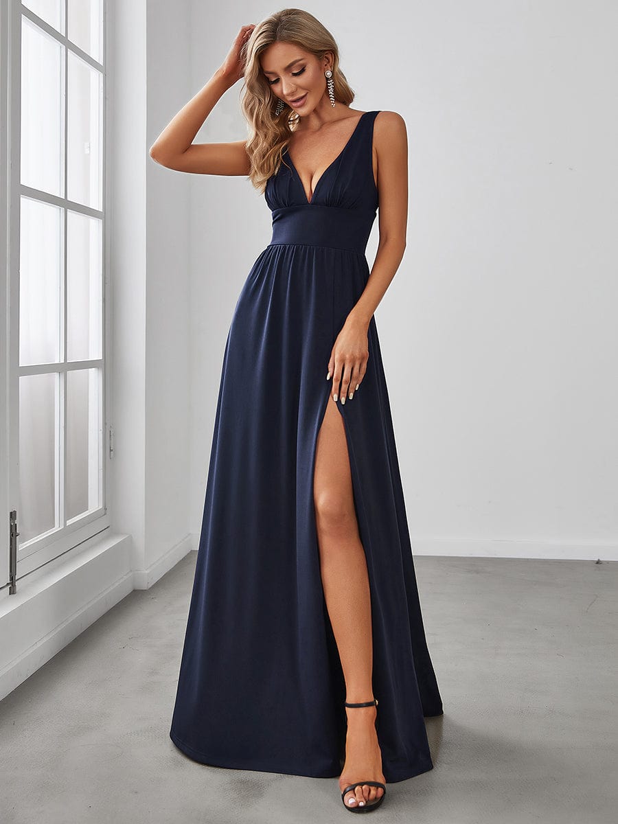 Robe de Bal Demoiselle d'Honneur longue au sol à taille empire et à encolure en V #Couleur_Bleu Marine