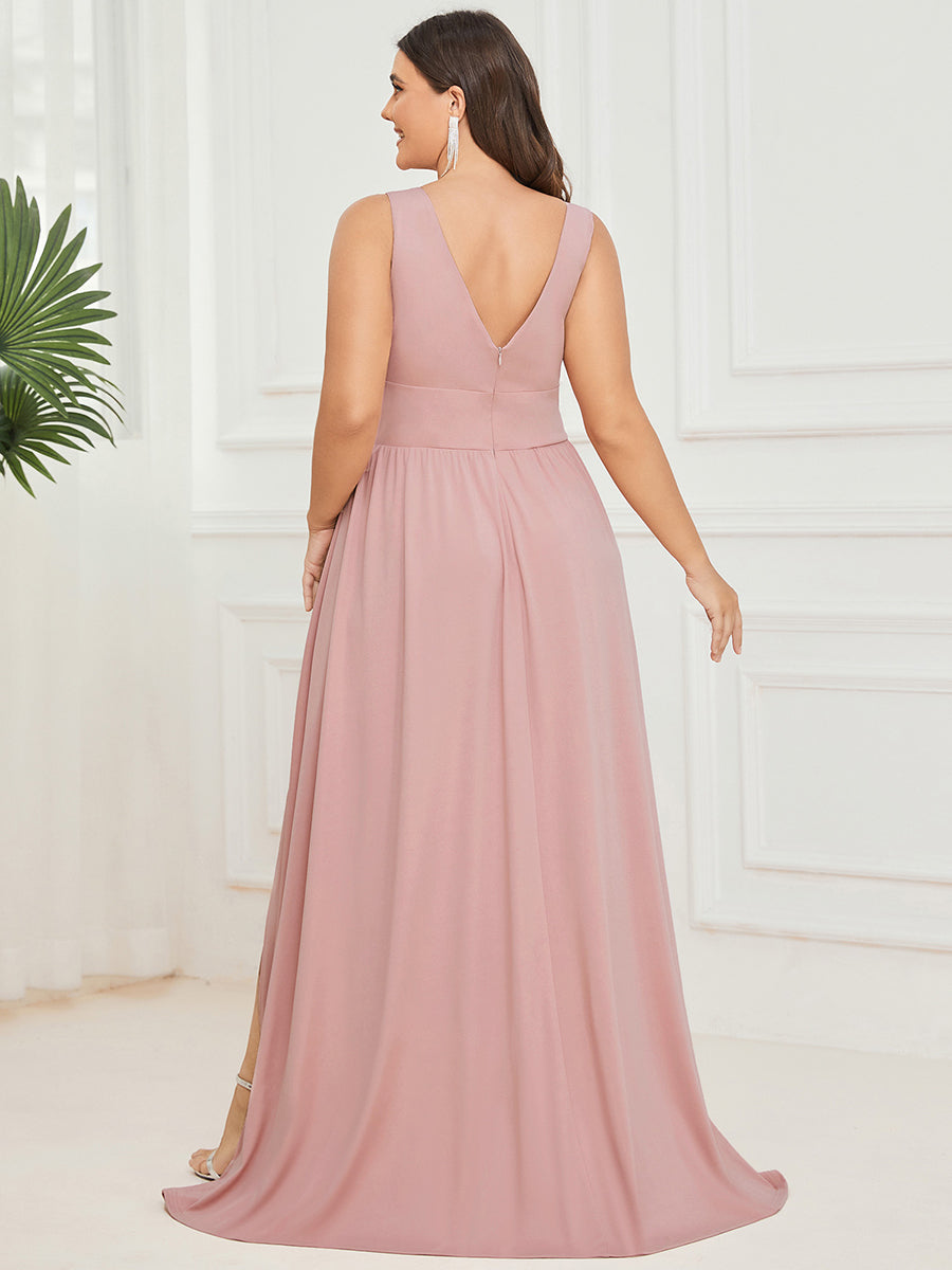 Robe de Bal Demoiselle d'Honneur longue au sol à taille empire et à encolure en V #Couleur_Rose