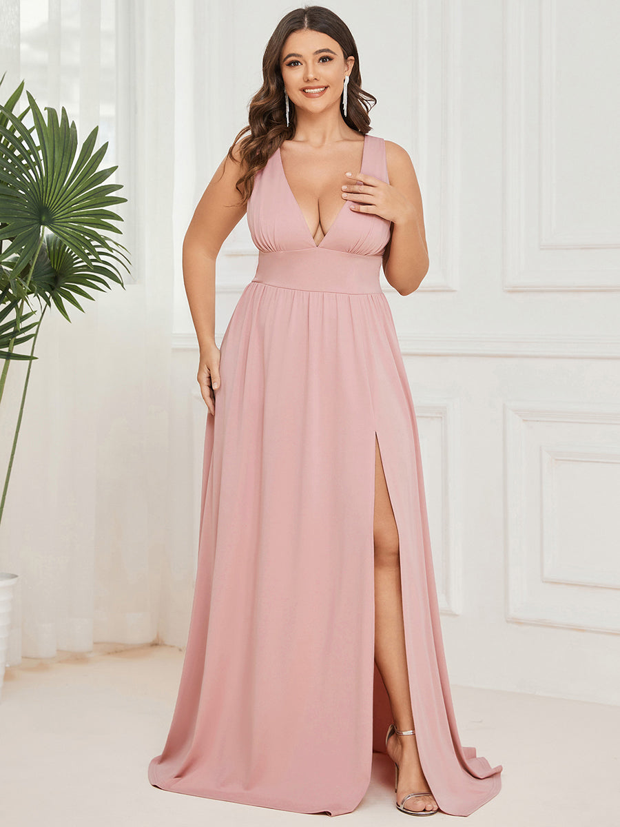 Robe de Bal Grande Taille Sans Manches Col en V Taille Empire Fendue au Sol #Couleur_Rose