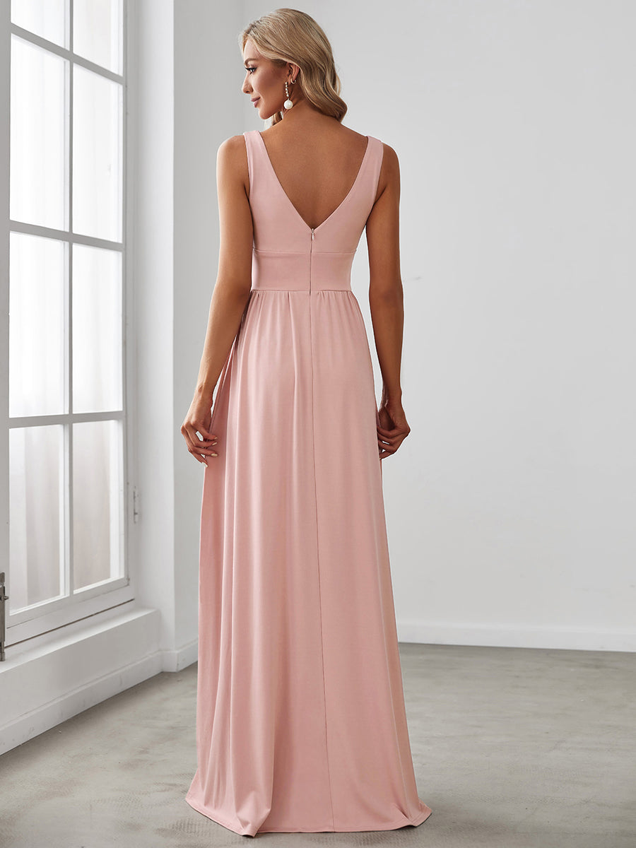 Robe de soirée longue au sol à taille empire et à encolure en V #Couleur_Rose