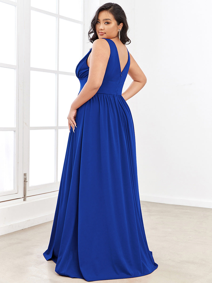 Robe de Bal Demoiselle d'Honneur longue au sol à taille empire et à encolure en V #Couleur_Bleu Saphir