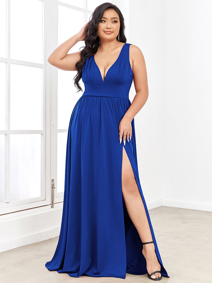 Robe de Bal Demoiselle d'Honneur longue au sol à taille empire et à encolure en V #Couleur_Bleu Saphir