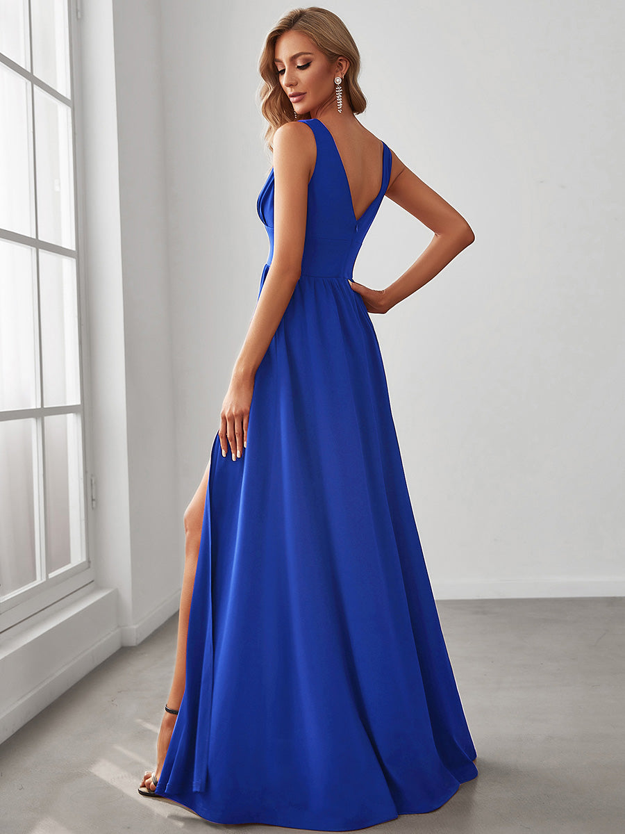 Robe de Bal Demoiselle d'Honneur longue au sol à taille empire et à encolure en V #Couleur_Bleu Saphir