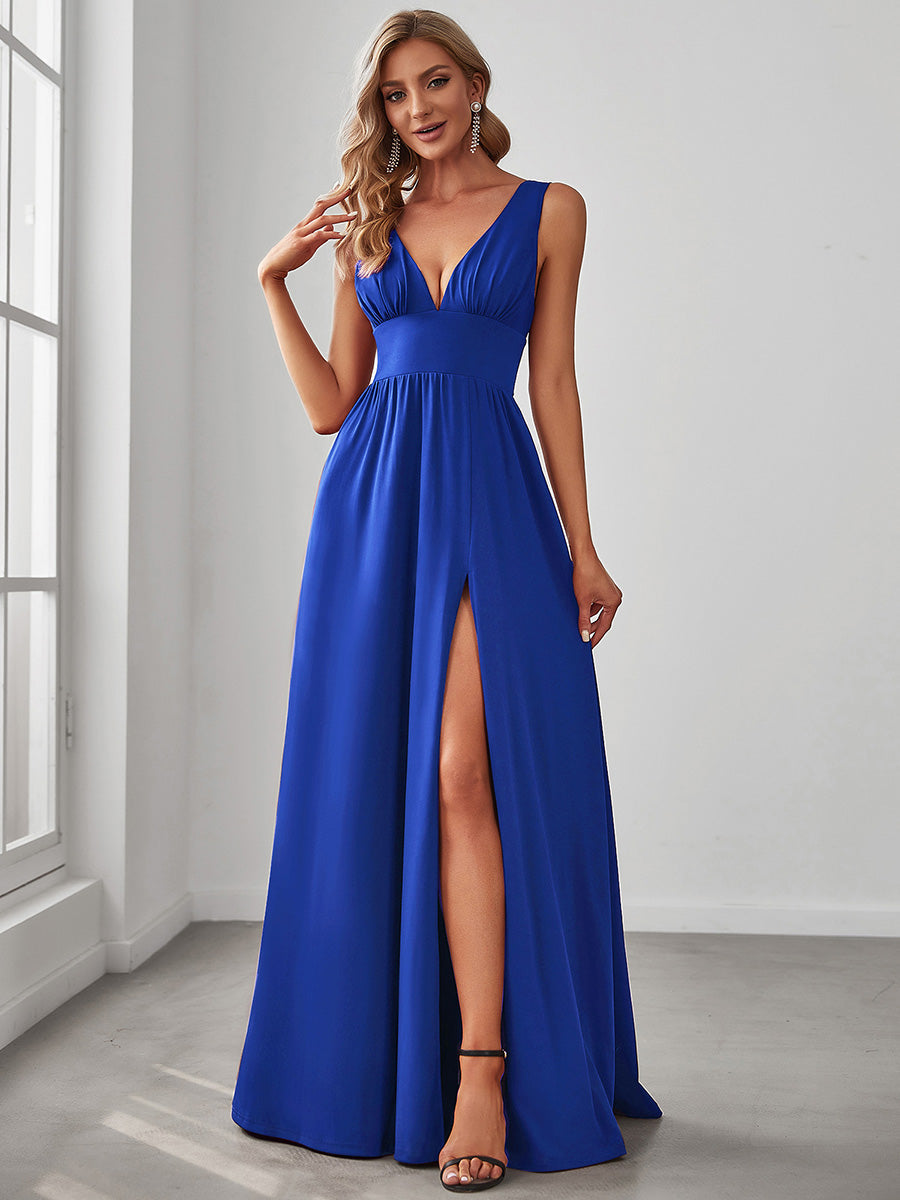 Robe de Bal Demoiselle d'Honneur longue au sol à taille empire et à encolure en V #Couleur_Bleu Saphir