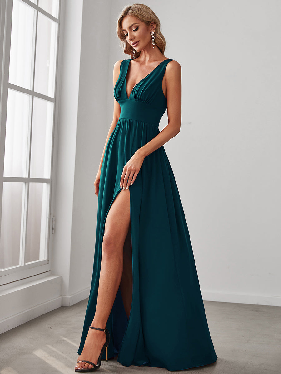 Robe de soirée longue au sol à taille empire et à encolure en V #Couleur_Bleu Sarcelle