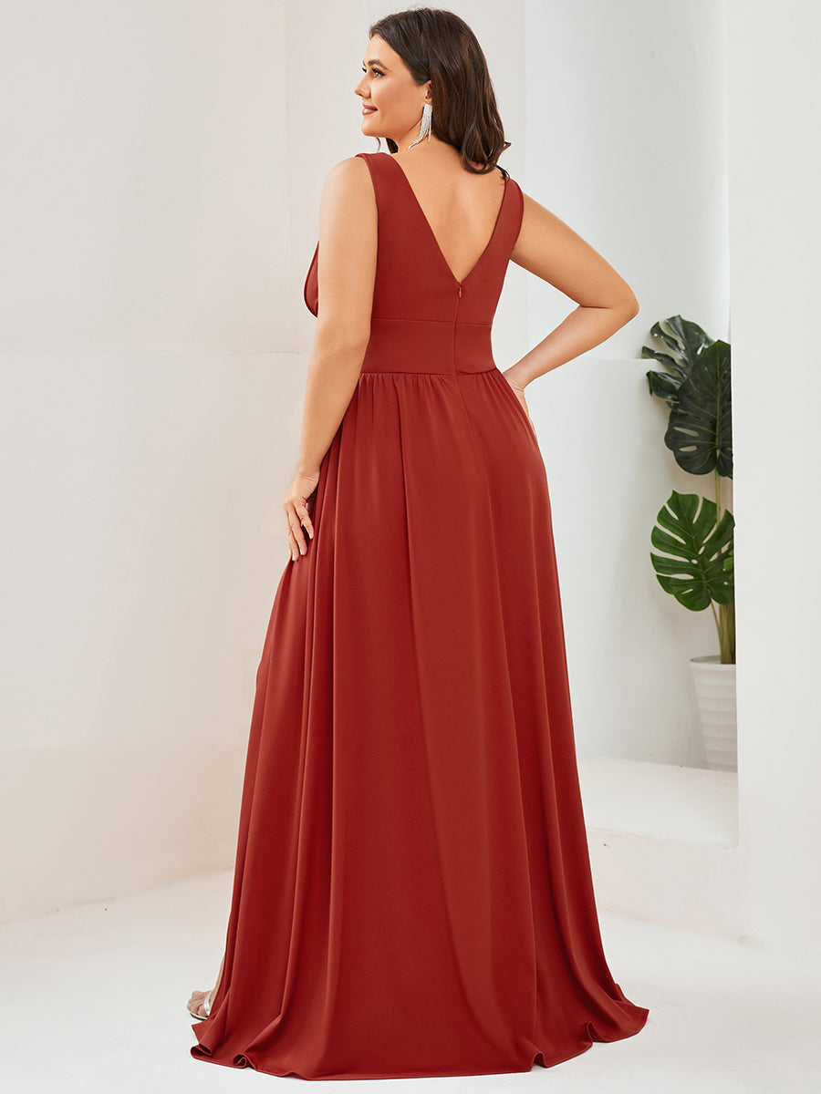 Robe de Bal Grande Taille Sans Manches Col en V Taille Empire Fendue au Sol #Couleur_Vermillon