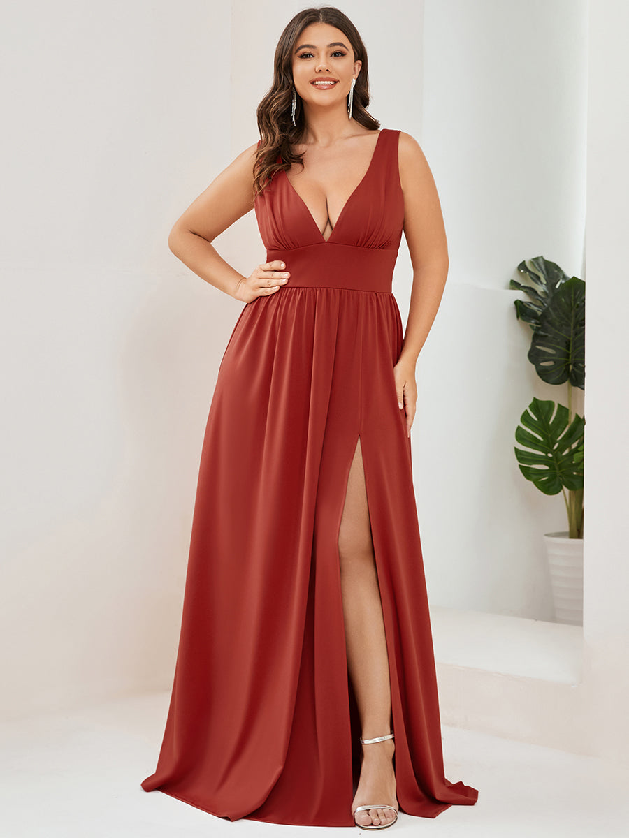 Robe de Bal Grande Taille Sans Manches Col en V Taille Empire Fendue au Sol #Couleur_Vermillon