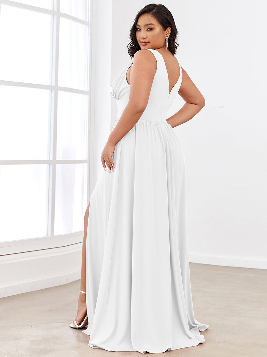 Robe de Bal Grande Taille Sans Manches Col en V Taille Empire Fendue au Sol #Couleur_Blanc