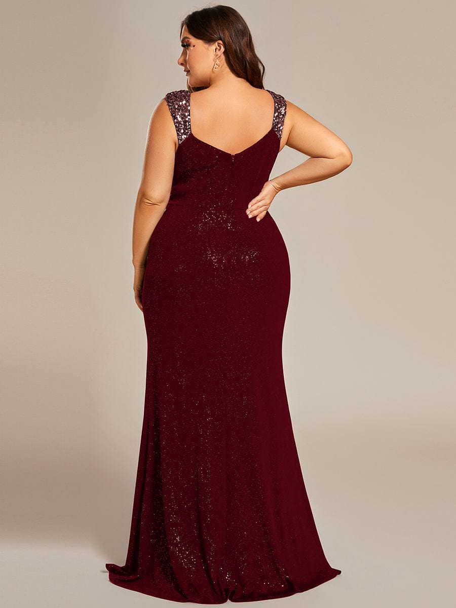 Robe de soirée élégante à paillettes et col en V #Couleur_Bordeaux