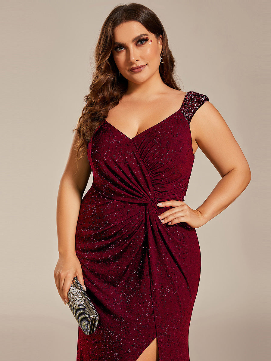 Robe de soirée élégante à col en V à sequins de grande taille #Couleur_Bordeaux