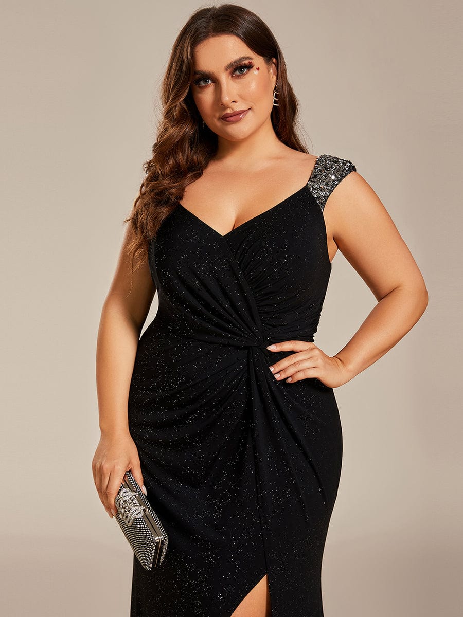 Robe de soirée élégante à col en V à sequins de grande taille #Couleur_Noir