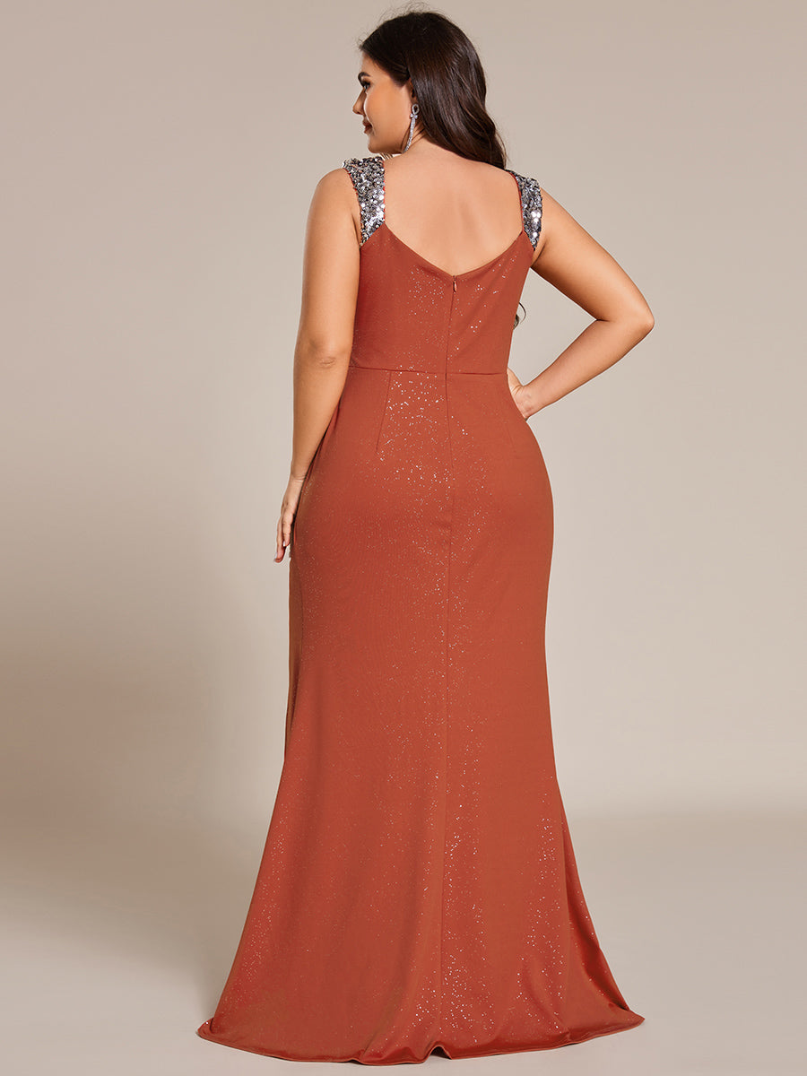 Robe de soirée élégante à col en V à sequins de grande taille #Couleur_Orange Brûlée