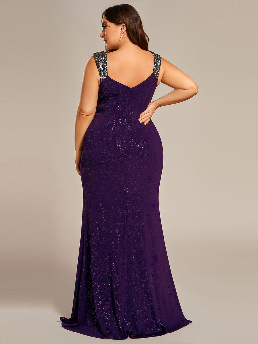 Robe de soirée élégante à col en V à sequins de grande taille #Couleur_Violet Fonce