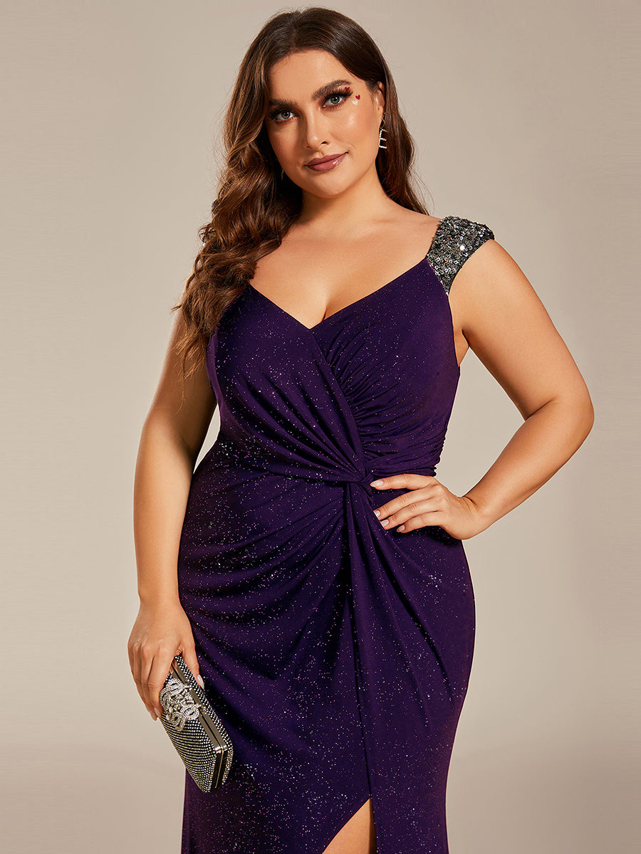 Robe de soirée élégante à col en V à sequins de grande taille #Couleur_Violet Fonce