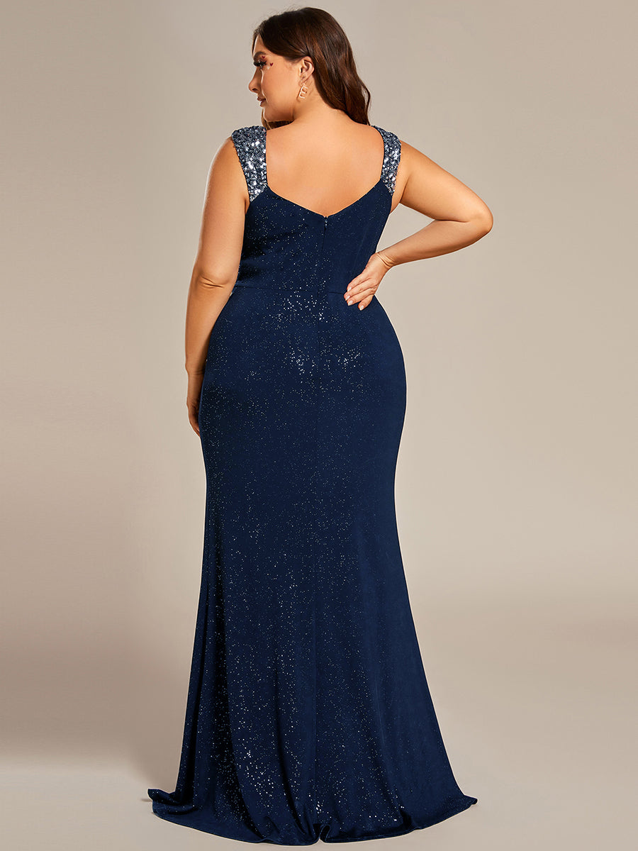 Robe de soirée élégante à col en V à sequins de grande taille #Couleur_Bleu Marine