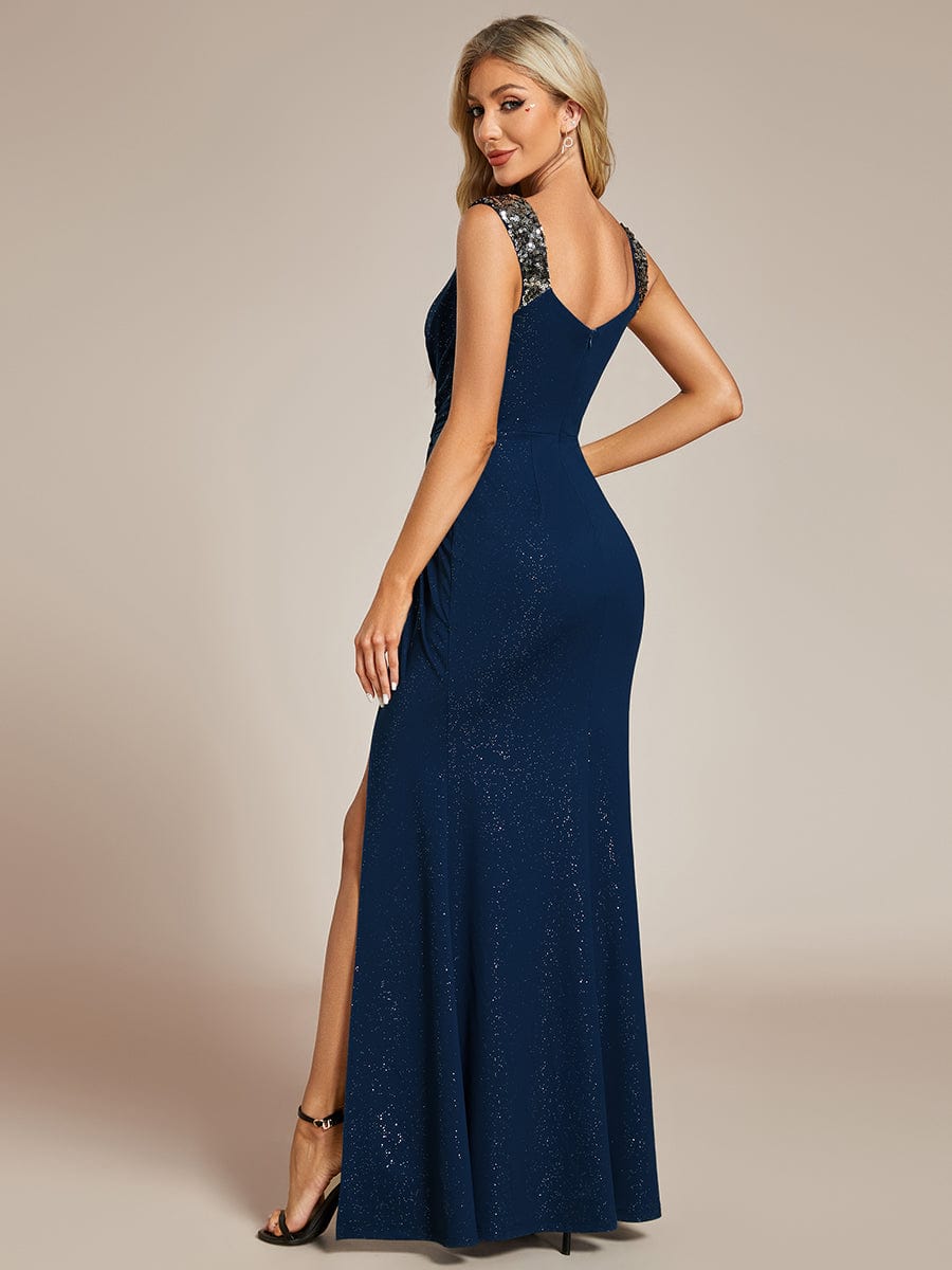 Robe de soirée élégante à paillettes et col en V #Couleur_Bleu Marine