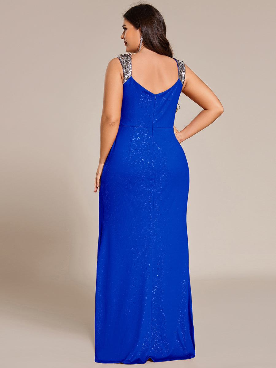 Robe de soirée élégante à col en V à sequins de grande taille #Couleur_Bleu Saphir