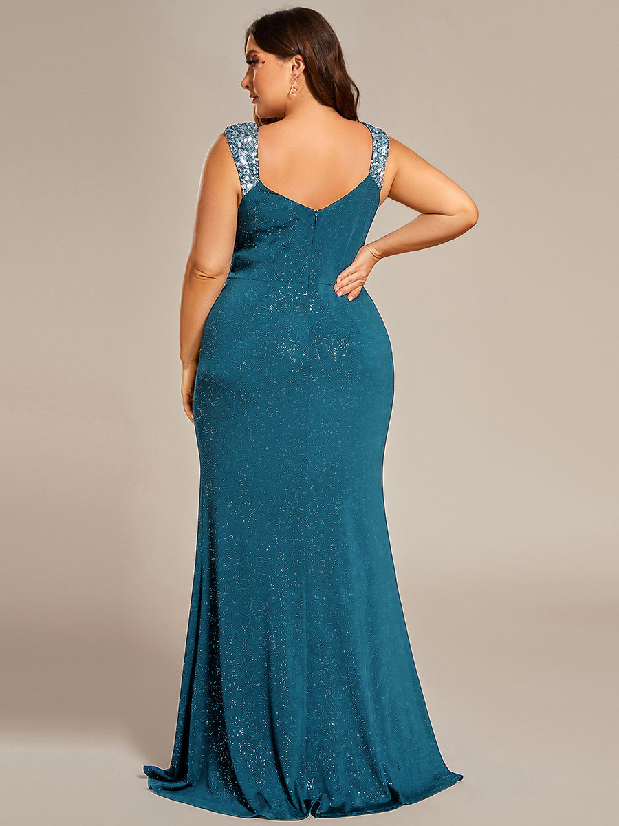 Robe de soirée élégante à paillettes et col en V #Couleur_Bleu Sarcelle