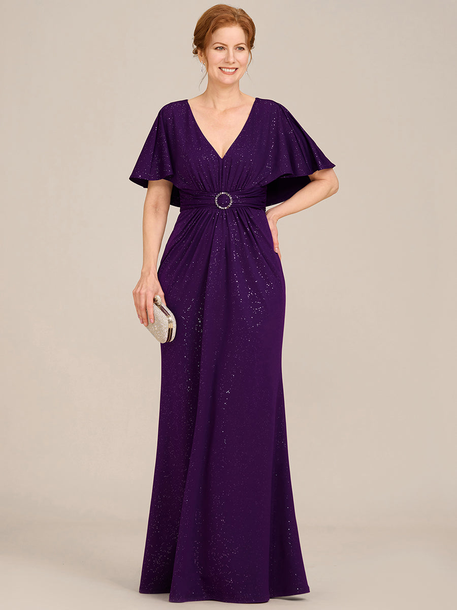 Robe de soirée moulante à col en V et manches chauve-souris plissées scintillantes #Couleur_Violet Fonce