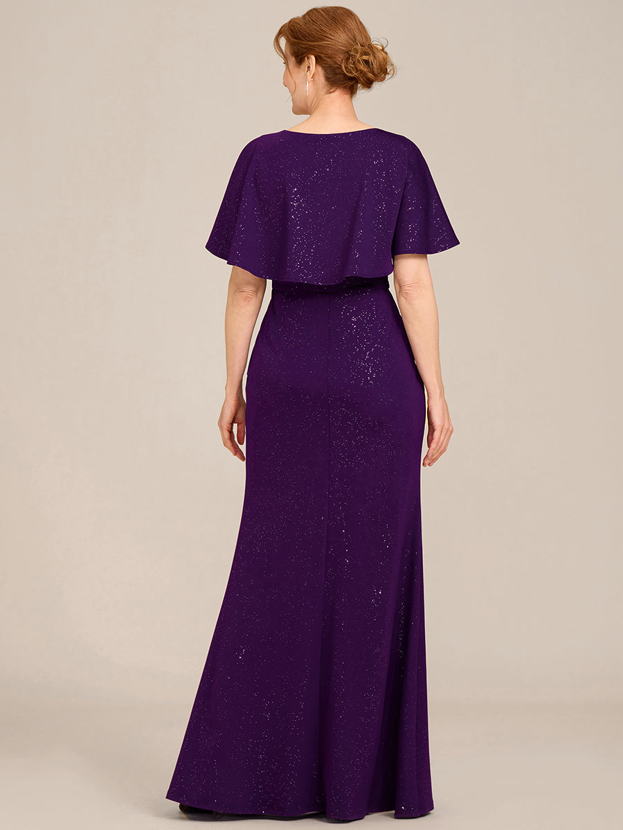 Robe de soirée moulante à col en V et manches chauve-souris plissées scintillantes #Couleur_Violet Fonce