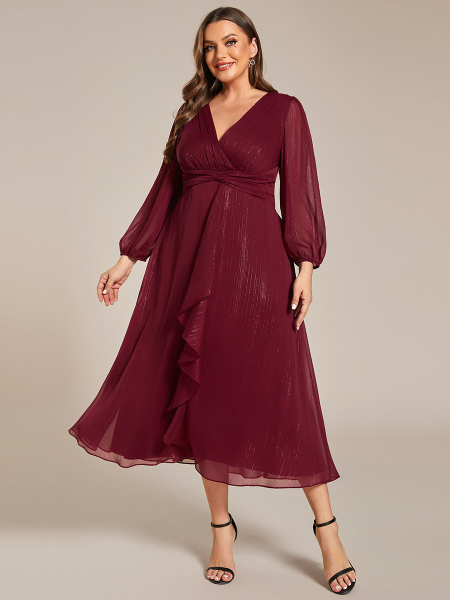 Robe de soirée trapèze scintillante à manches longues et col en V en mousseline de soie avec torsadé #Couleur_Bordeaux