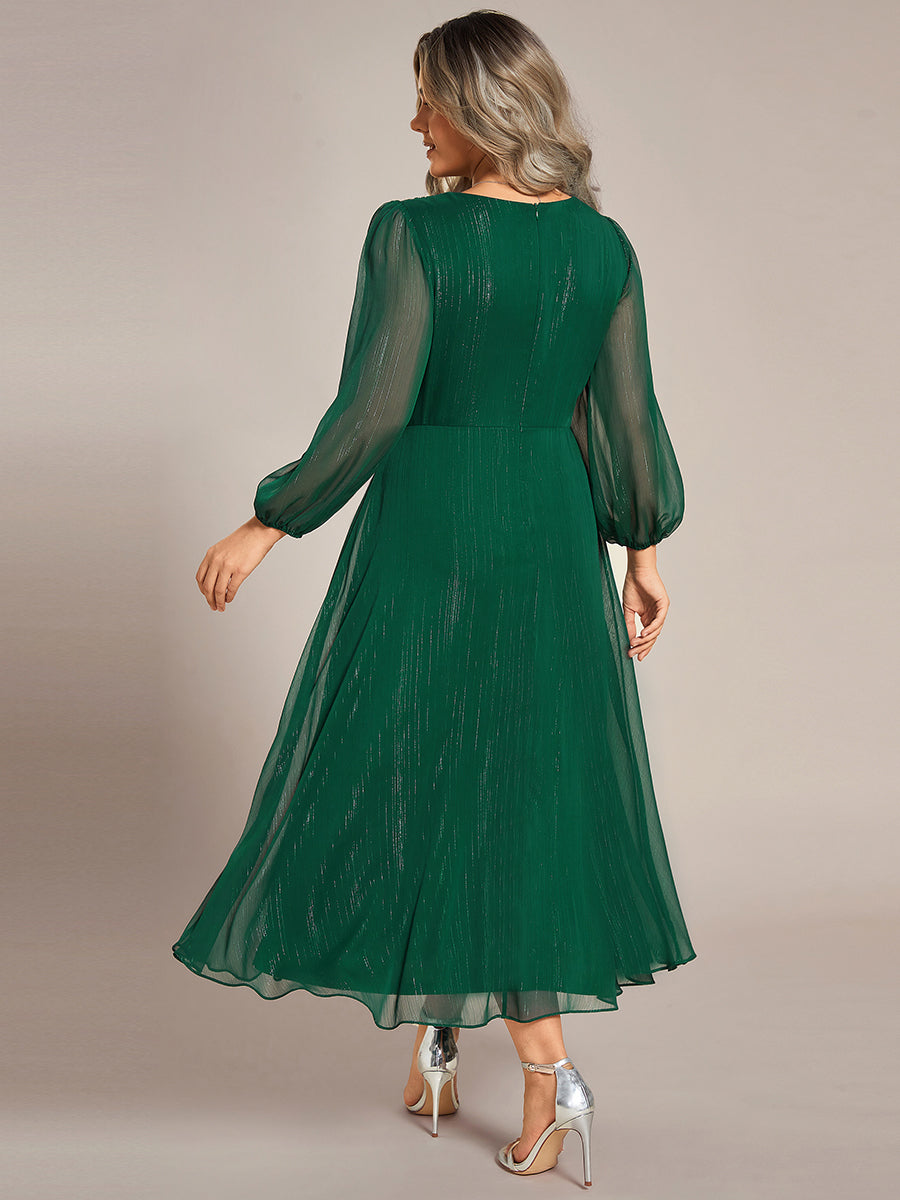 Robe de soirée trapèze scintillante à manches longues et col en V en mousseline de soie avec torsadé #Couleur_Vert Fonce