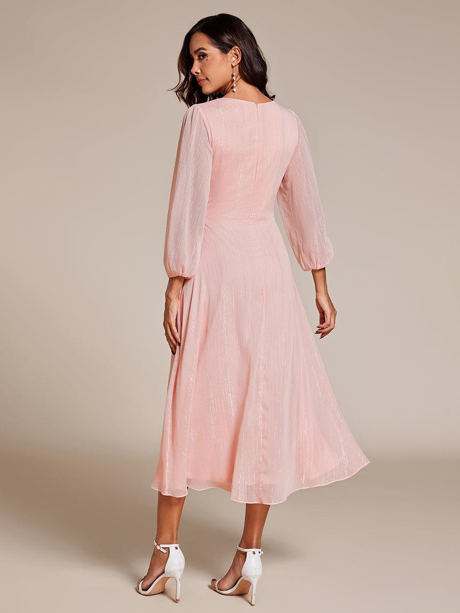 Robe de soirée trapèze scintillante à manches longues et col en V en mousseline de soie avec n?ud torsadé #Couleur_Rose