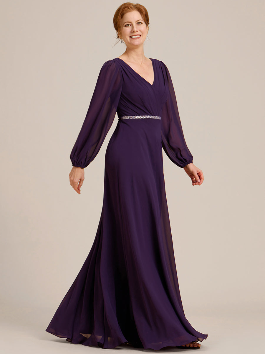 Robe de soirée plissée en mousseline de soie double col en V manches longues ceinture brillante #Couleur_Violet Fonce