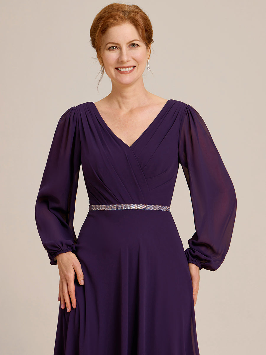 Robe de soirée plissée en mousseline de soie double col en V manches longues ceinture brillante #Couleur_Violet Fonce