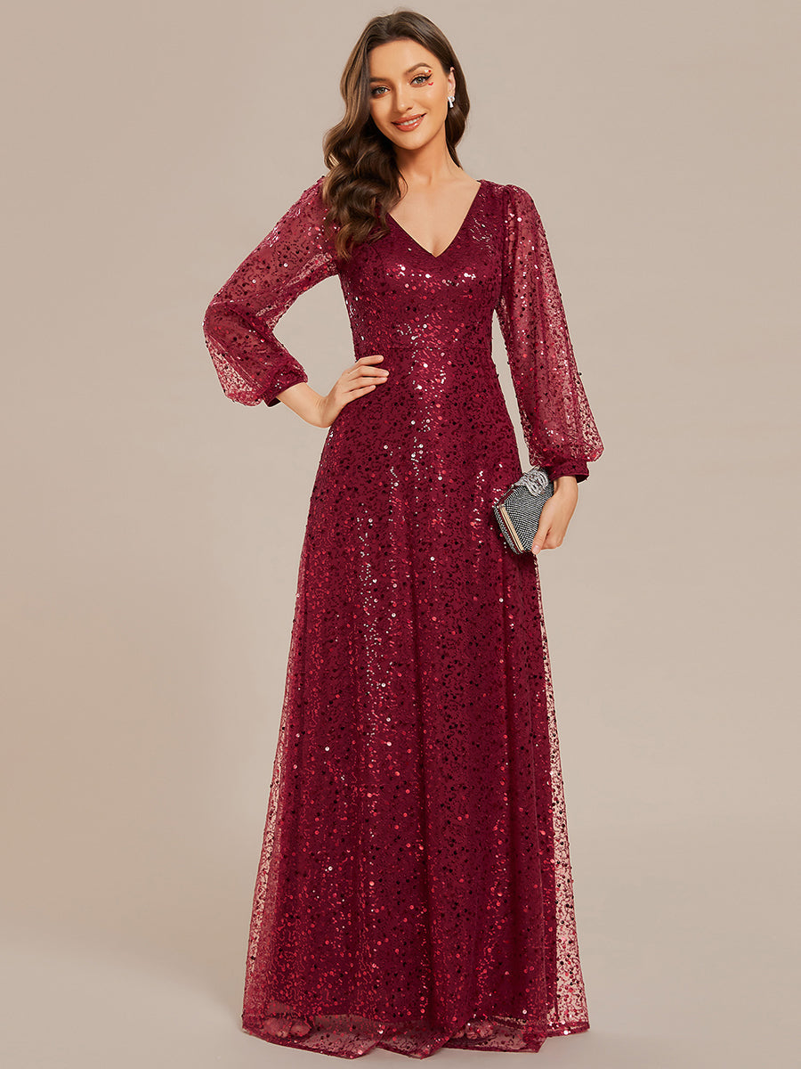 Robe de soirée trapèze à paillettes col en V manches longues et paillettes