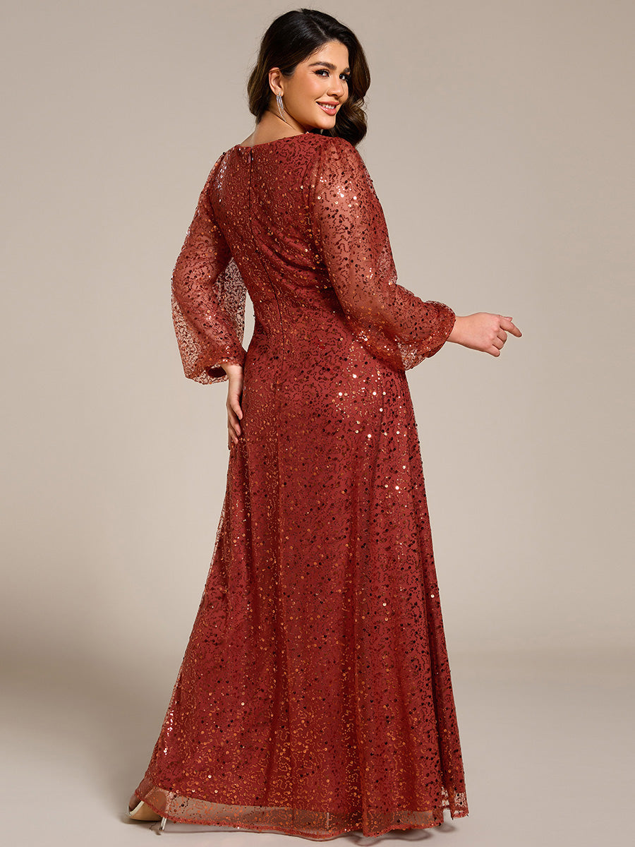 Grande taille Robe de soirée trapèze à paillettes col en V manches longues et paillettes#Couleur_Burnt Orange