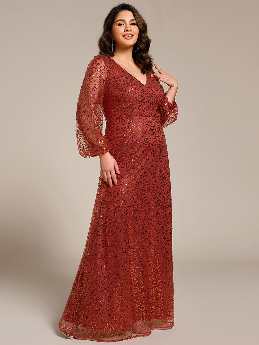 Grande taille Robe de soirée trapèze à paillettes col en V manches longues et paillettes#Couleur_Burnt Orange