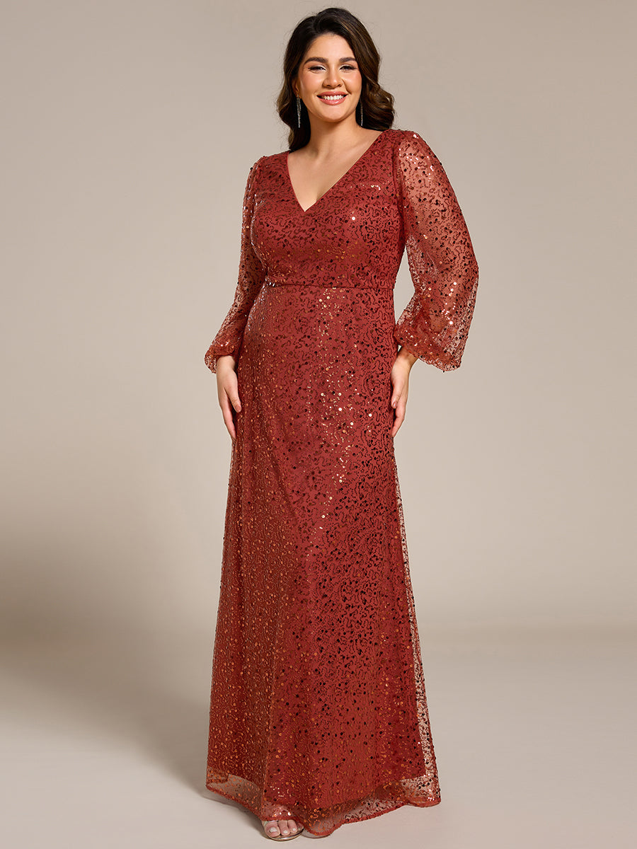 Grande taille Robe de soirée trapèze à paillettes col en V manches longues et paillettes#Couleur_Burnt Orange