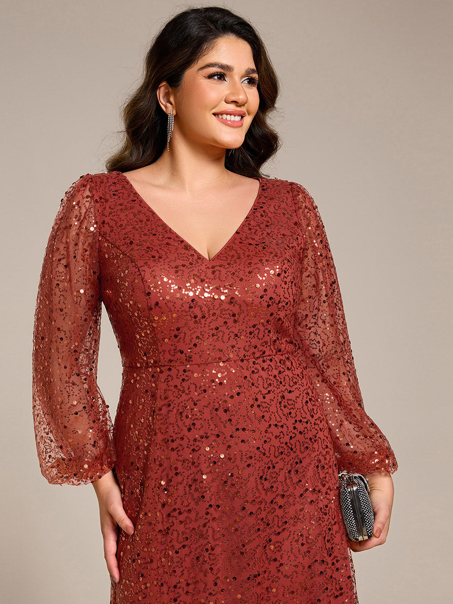 Grande taille Robe de soirée trapèze à paillettes col en V manches longues et paillettes#Couleur_Burnt Orange