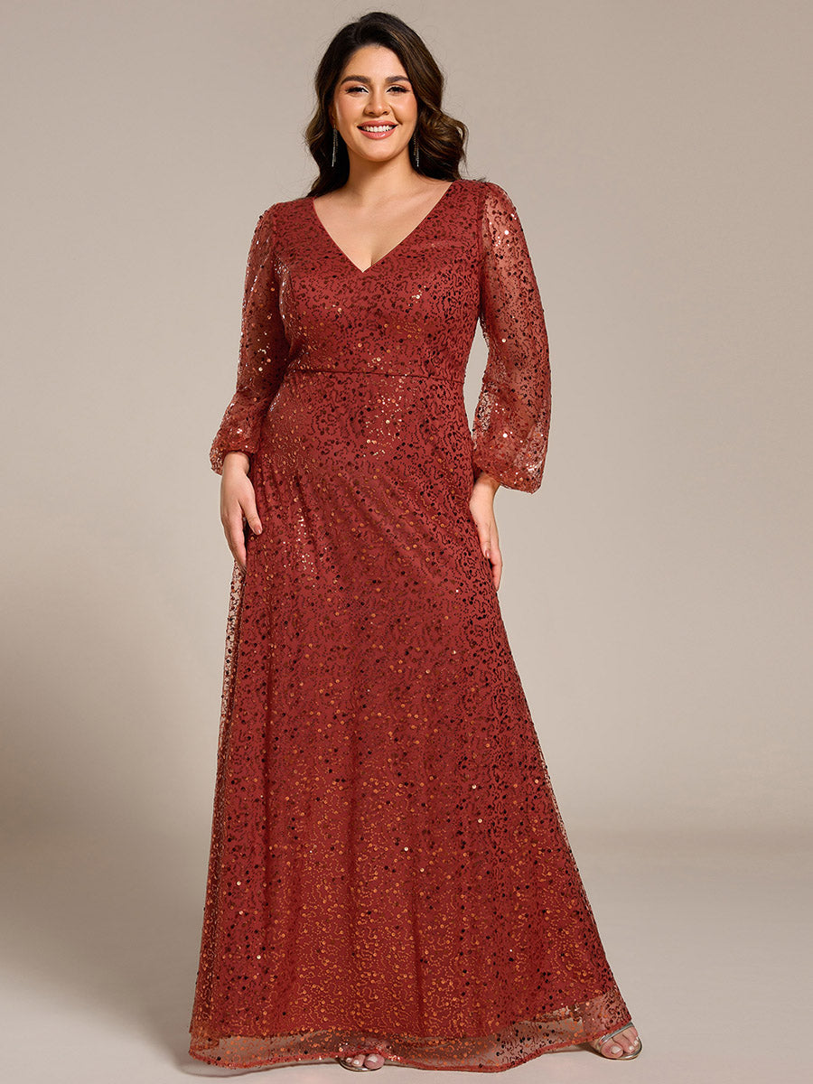 Grande taille Robe de soirée trapèze à paillettes col en V manches longues et paillettes#Couleur_Burnt Orange