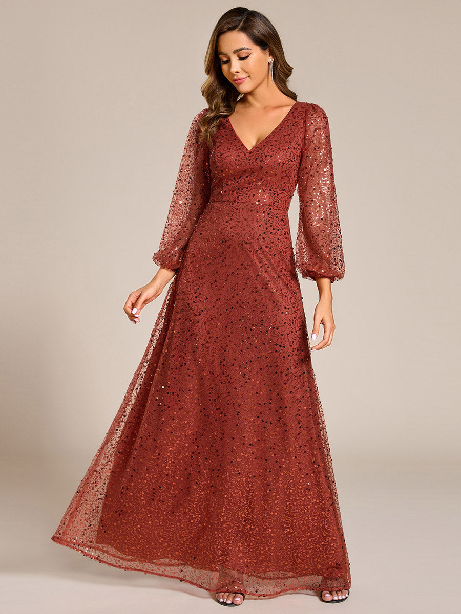 Robe de soirée trapèze à paillettes col en V manches longues et paillettes #Couleur_Burnt Orange