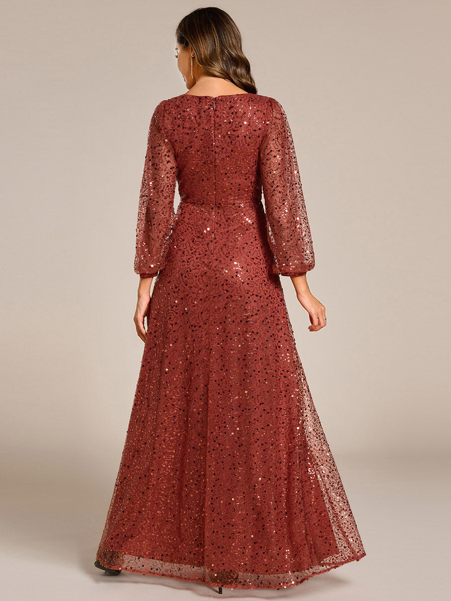 Robe de soirée trapèze à paillettes col en V manches longues et paillettes #Couleur_Burnt Orange