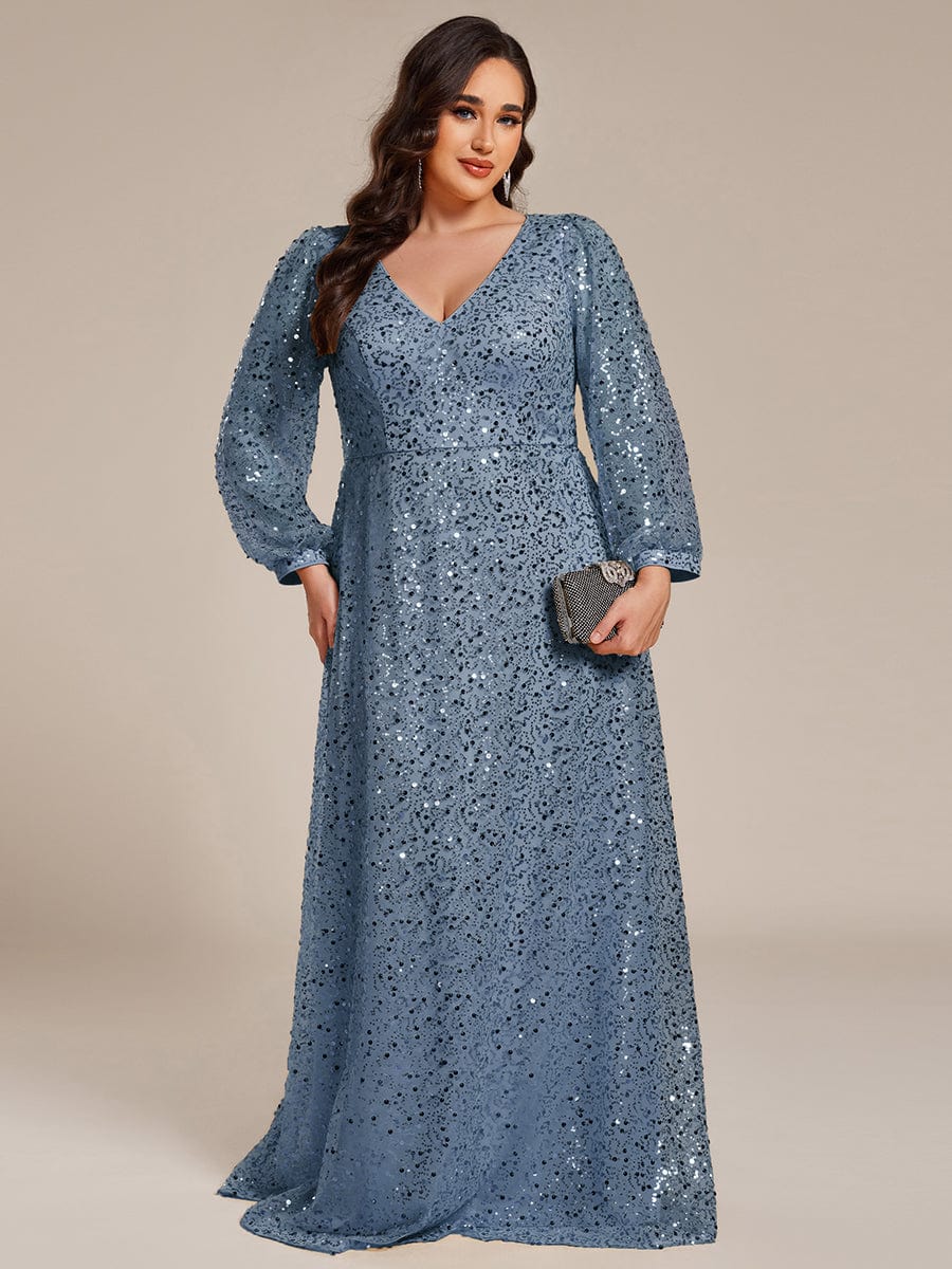 Robe de soirée trapèze à paillettes col en V manches longues et paillettes #Couleur_Marine Fume