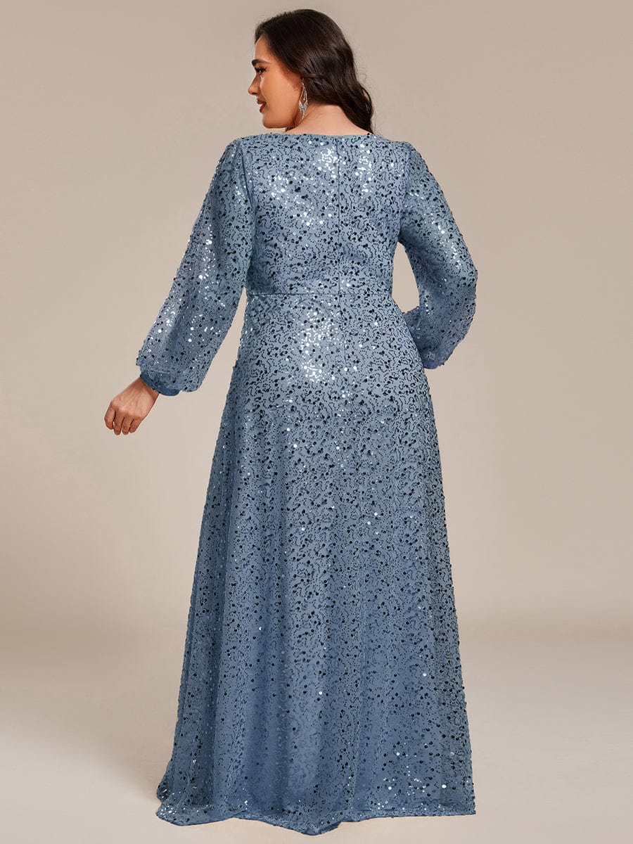 Robe de soirée trapèze à paillettes col en V manches longues et paillettes #Couleur_Marine Fume