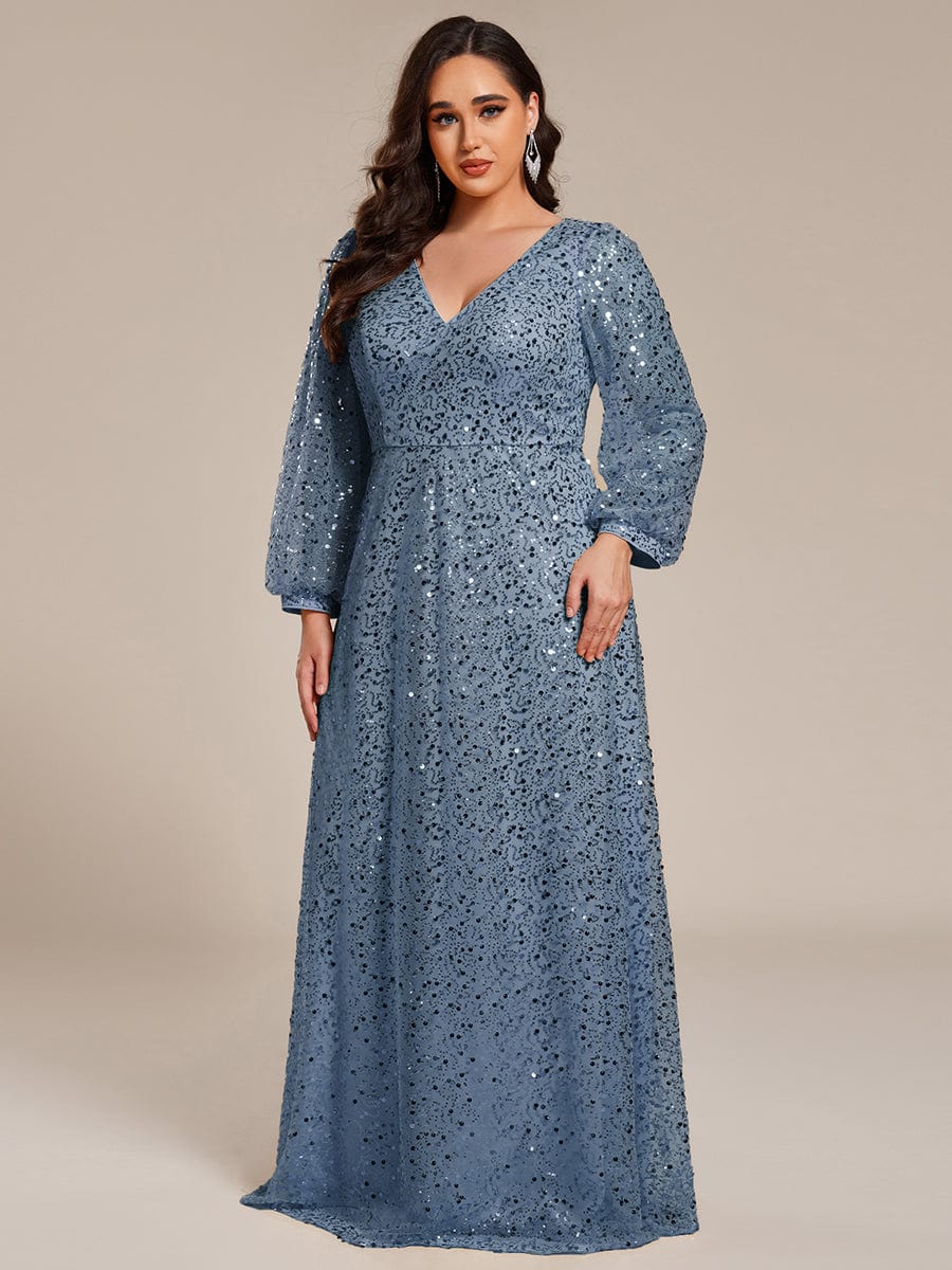 Robe de soirée trapèze à paillettes col en V manches longues et paillettes #Couleur_Marine Fume