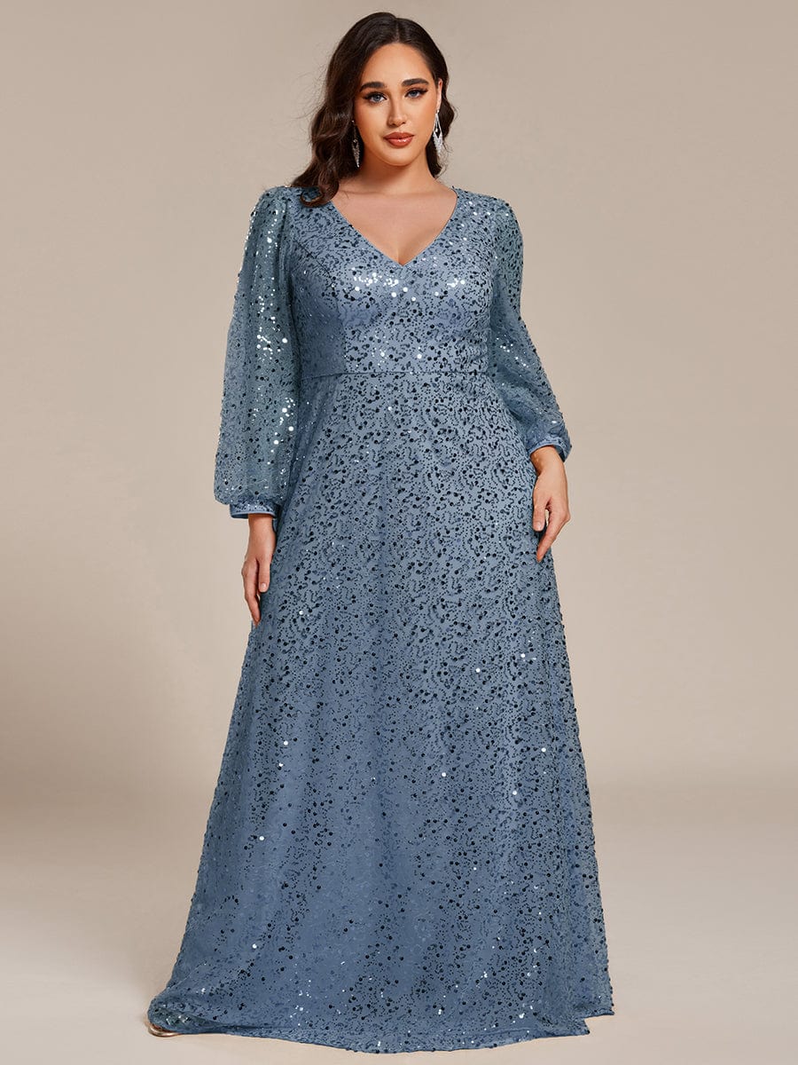 Robe de soirée trapèze à paillettes col en V manches longues et paillettes #Couleur_Marine Fume