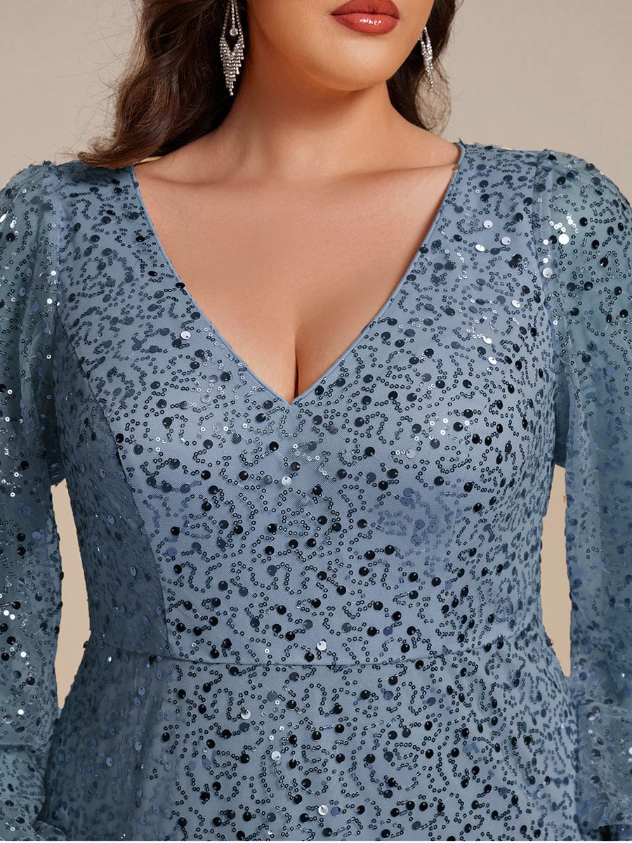 Robe de soirée trapèze à paillettes col en V manches longues et paillettes #Couleur_Marine Fume