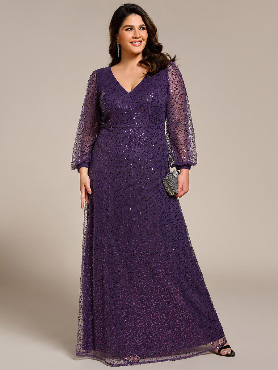 Robe de soirée trapèze à paillettes col en V manches longues et paillettes #Couleur_Violet Fonce