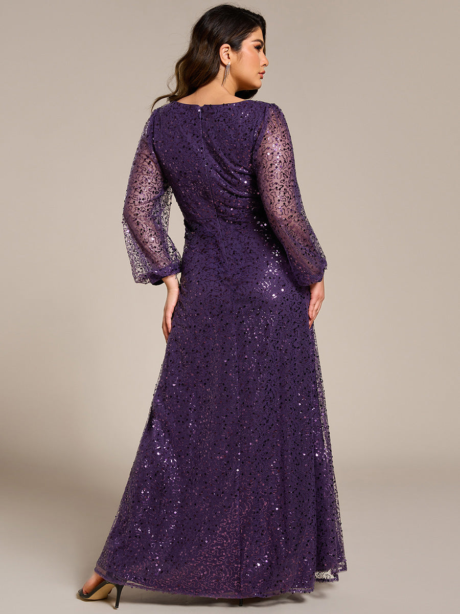 Robe de soirée trapèze à paillettes col en V manches longues et paillettes #Couleur_Violet Fonce