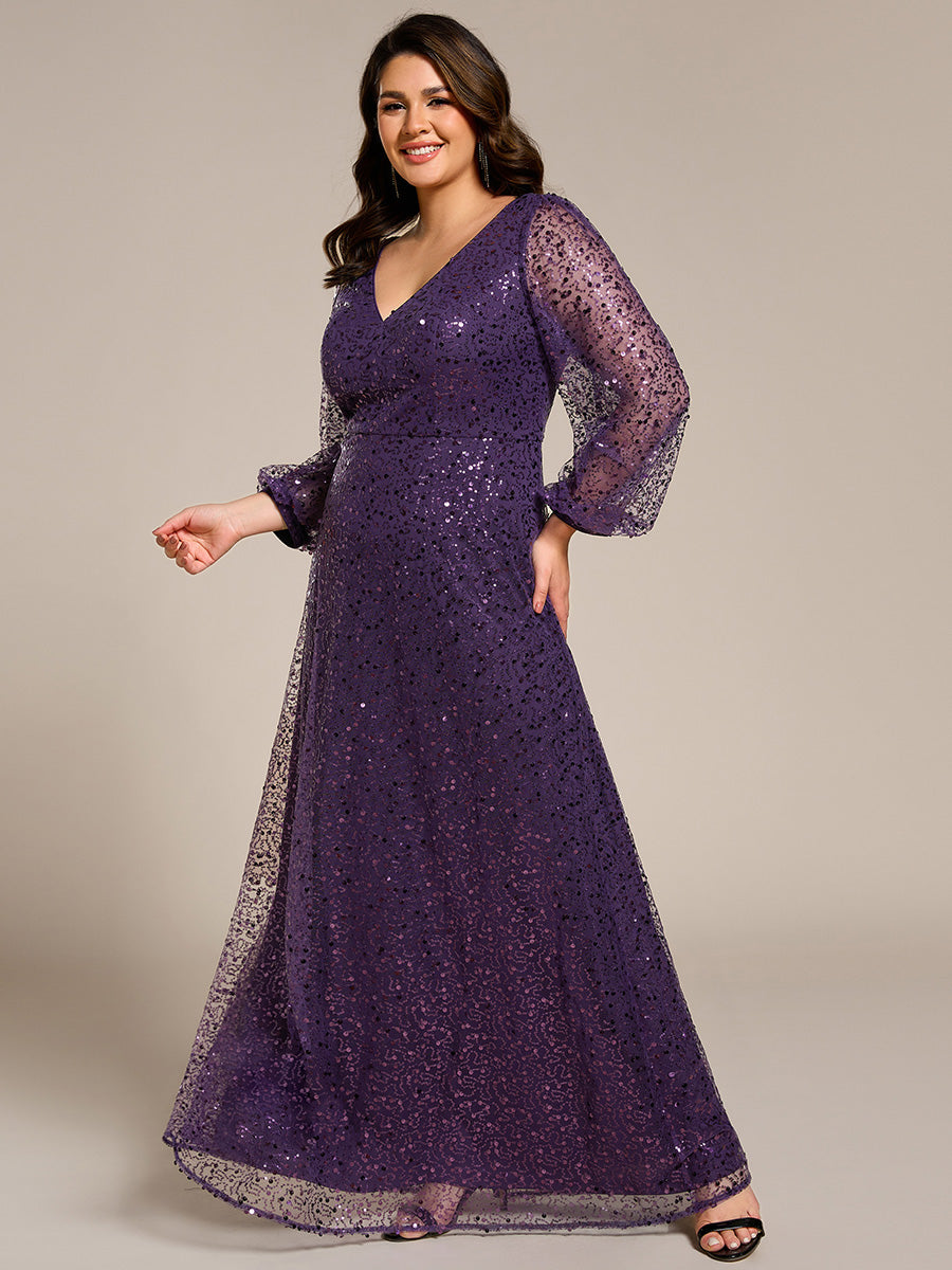 Robe de soirée trapèze à paillettes col en V manches longues et paillettes #Couleur_Violet Fonce