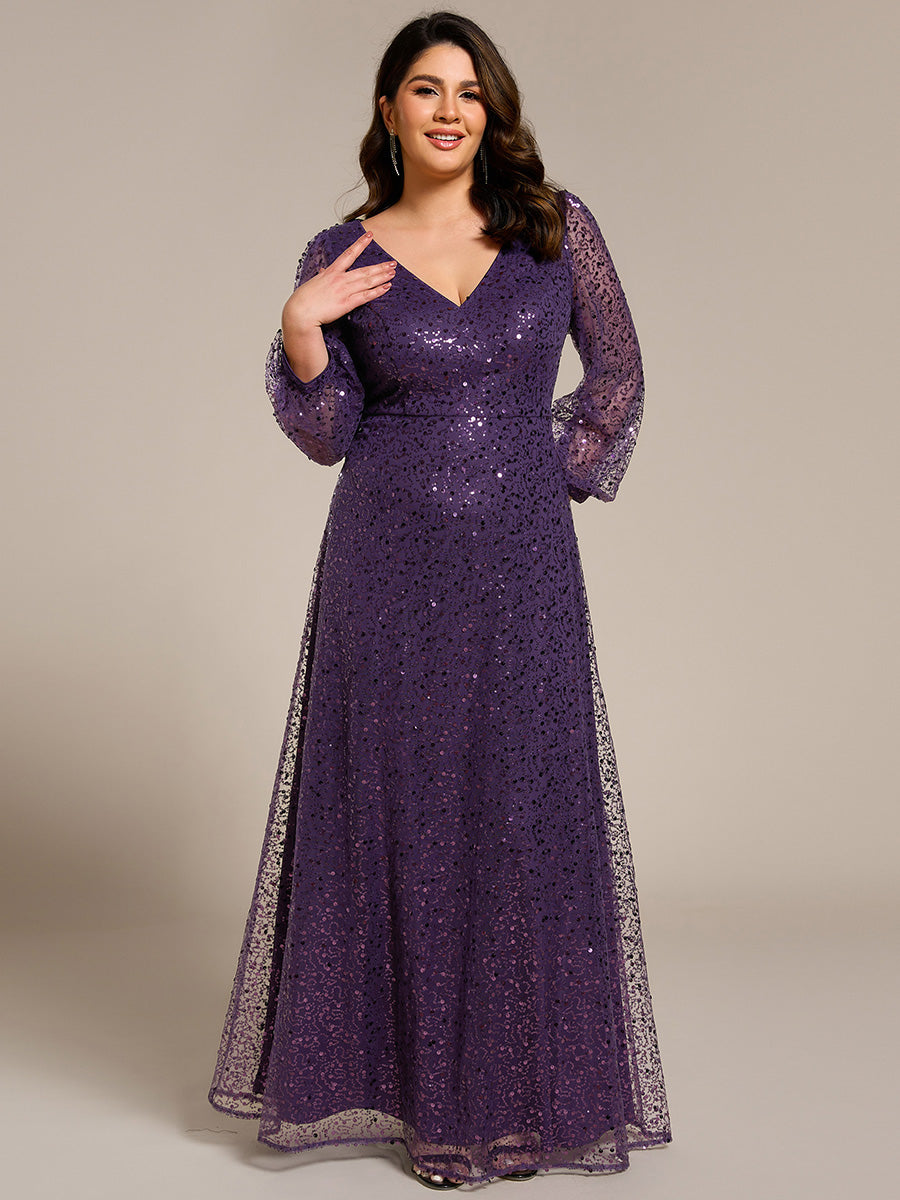 Robe de soirée trapèze à paillettes col en V manches longues et paillettes #Couleur_Violet Fonce