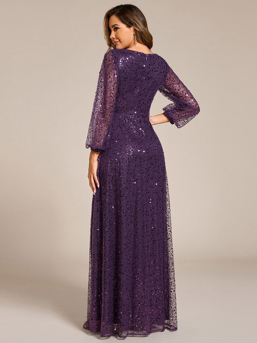 Robe de soirée trapèze à paillettes col en V manches longues et paillettes #Couleur_Violet Fonce