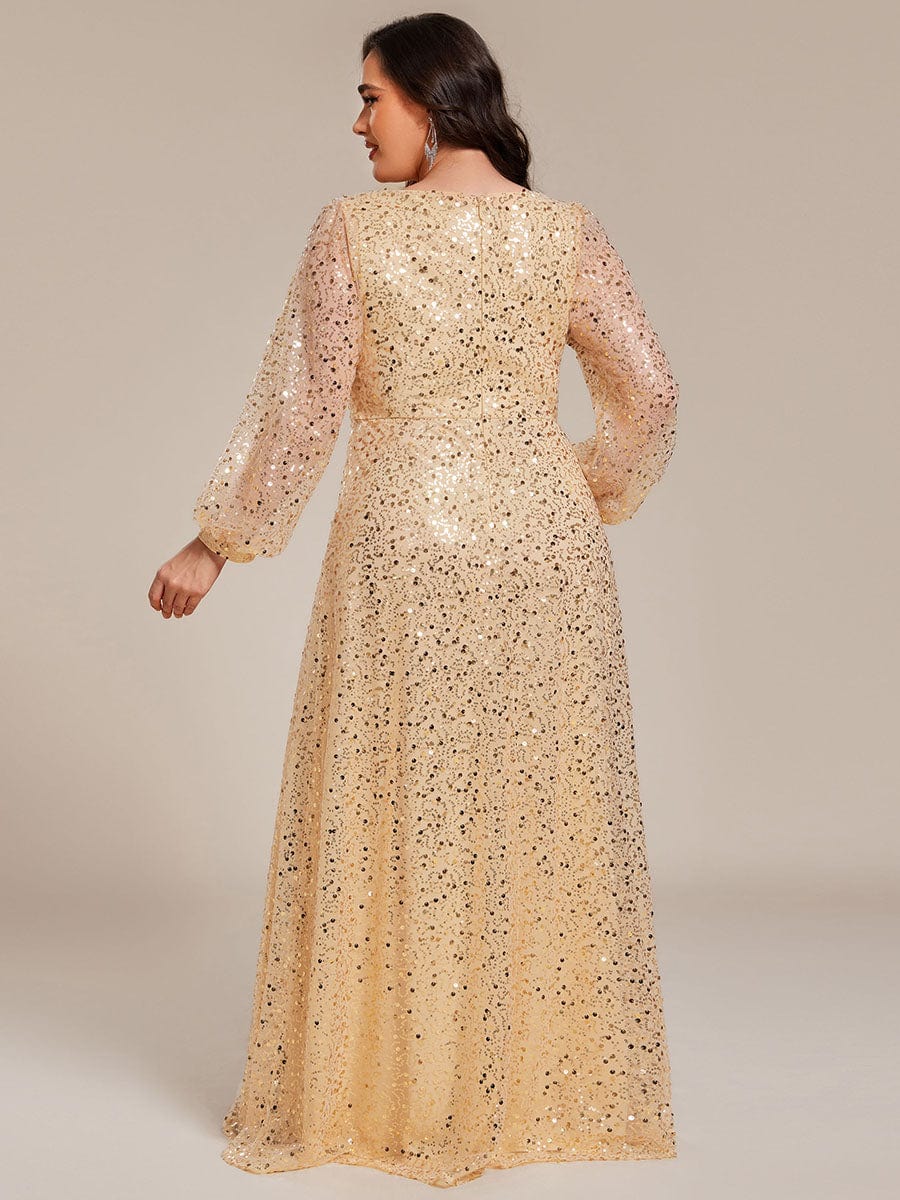 Grande taille Robe de soirée trapèze à paillettes col en V manches longues et paillettes#Couleur_Or